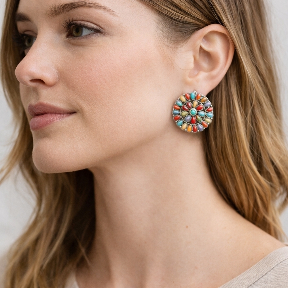 Southwestern Multicolor mosaic Stud Earrings Boho Turquoise Coral Look nwt gift - Picture 2 of 2